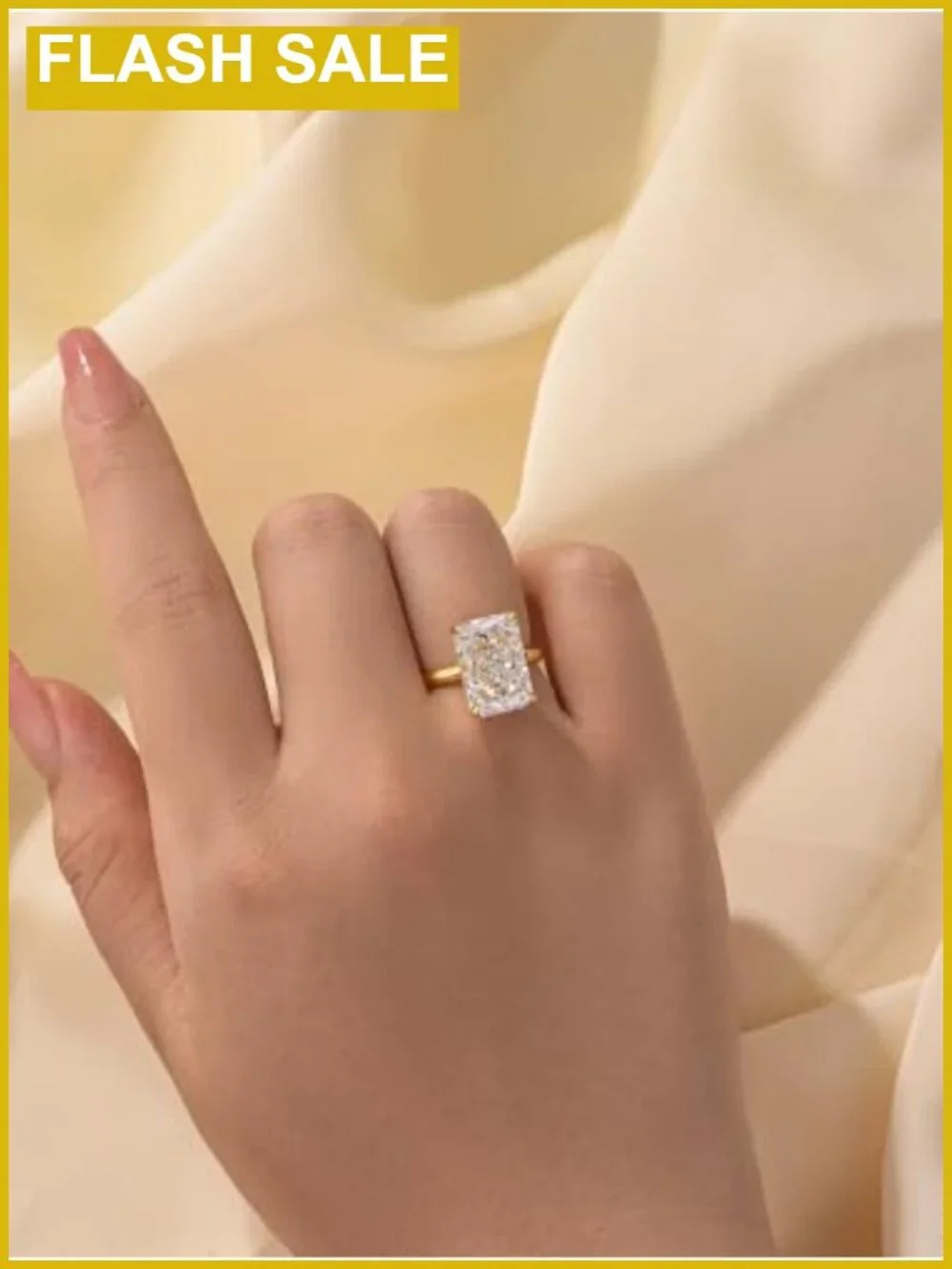 S925 Silver 4.5CT Radiant Cut Solitaire Ring 14K Gold Plated